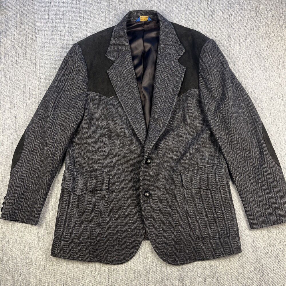 Vtg Pendleton Western Blazer 44 Gray Wool Herringbone Tweed Suede Yoke Patches